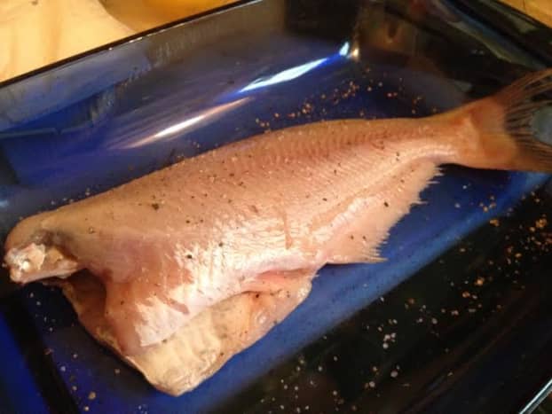 Preheat your oven to 375 degrees.  Arrange the fillets or the whole catfish in a baking dish.  Season with salt and pepper to your taste.