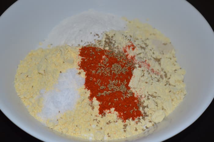 Step one: Take all the dry ingredients in a mixing bowl. Mix them.