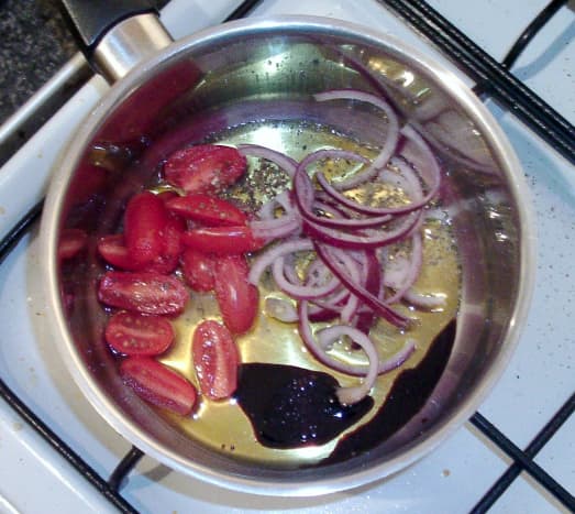 Assembled balsamic tomato sauce ingredients