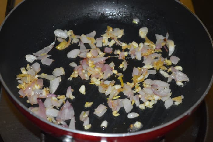 Step one: Saute chopped ginger, onions, and garlic with some butter or olive oil.