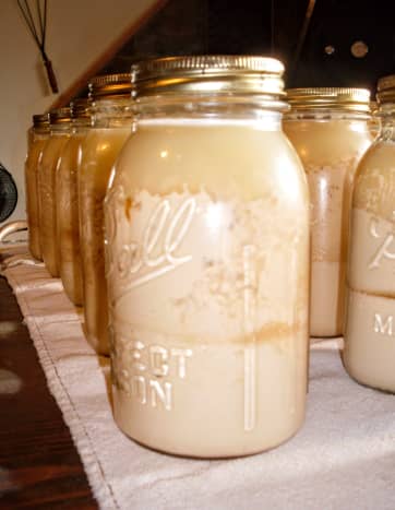 These jars were processed at 15 lbs. pressure, which I had been advised was correct for my elevation. It was too much, and actually blew the milk apart into liquids and solids, creating a cottage cheese texture. 