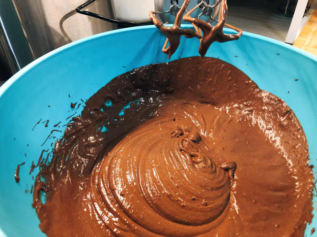 Making the chocolate cake.