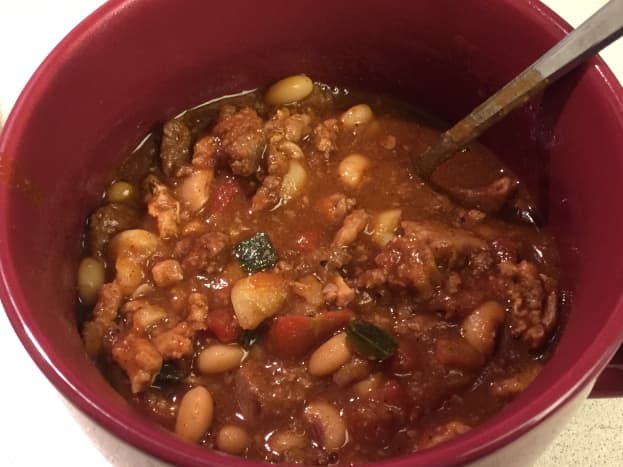 Kitchen Sink Chili in a large soup mug