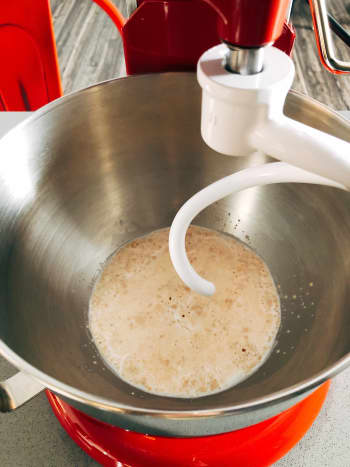 Combine the yeast, warm milk, and sugar in the mixing bowl. Let it sit for 5 minutes or until it forms a foamy mixture. 