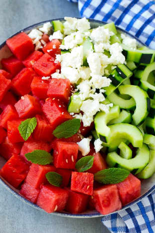 Watermelon salad with feta and cucumber