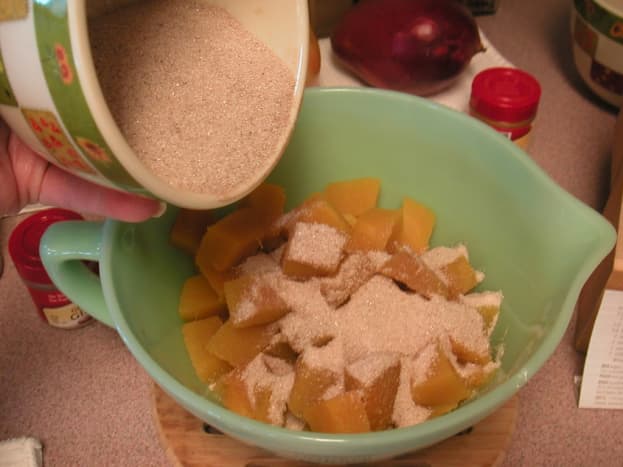Mix the dry ingredients in a small bowl and add them to the cooled, baked pumpkin.