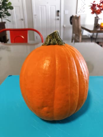 Bright orange small-sized pumpkin. This type of pumpkin would be suitable for making a pumpkin pie, as well. 