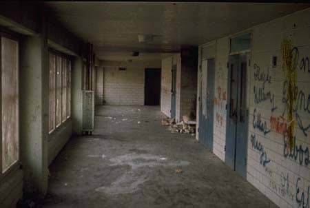 Interior hallway of a Pruitt-Igoe building, circa 1971.