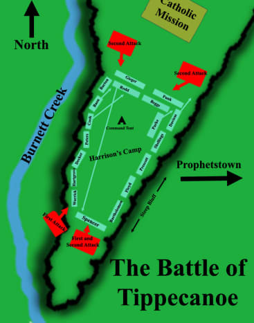 Battle Map of the Battle for Tippecanoe November 6,1811 where Harrison burns Prophetstown.