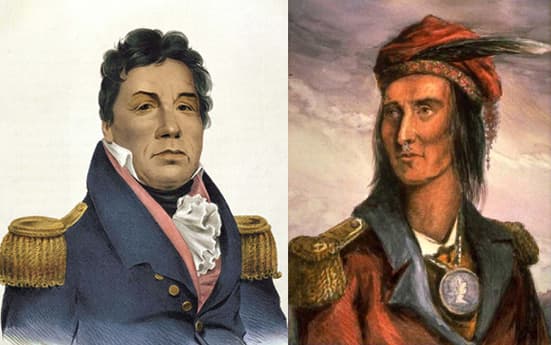 On the left Pushmataha the &quot;Indian General&quot; of the Choctaw nation rejected Tecumseh's alliance and fought on the American side during the War of 1812. On the right Tecumseh the leader of the Shawnee. 
