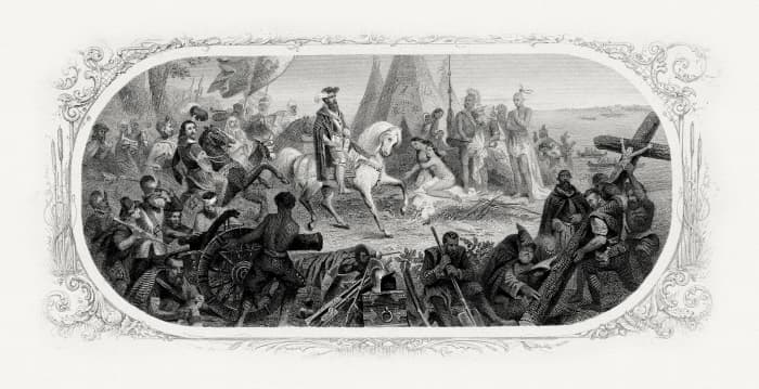 De Soto and his army were the first Europeans to cross the Mississippi river. They were not so well dressed as the painting would display by then they were in deer skins and suffering from a lack of food.