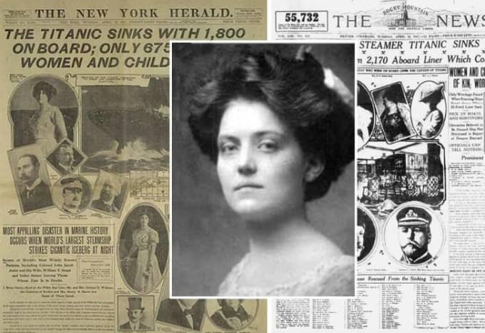 Photo of Violet Jessop superimposed on newspaper clippings announcing the sinking of RMS TItanic.