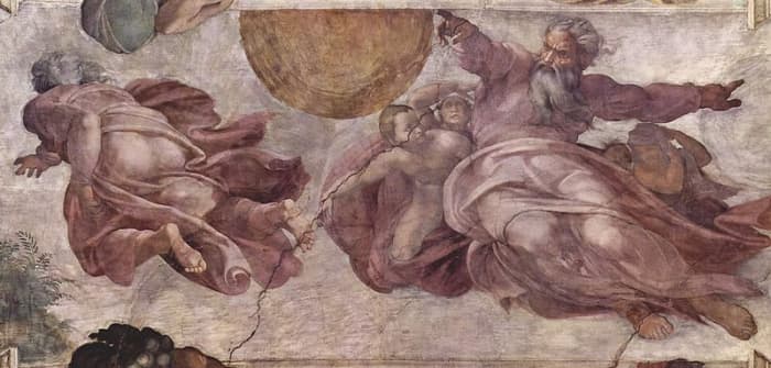 Michelangelo, Sistine Chapel ceiling, the Creation of the Sun and the Moon before the restoration