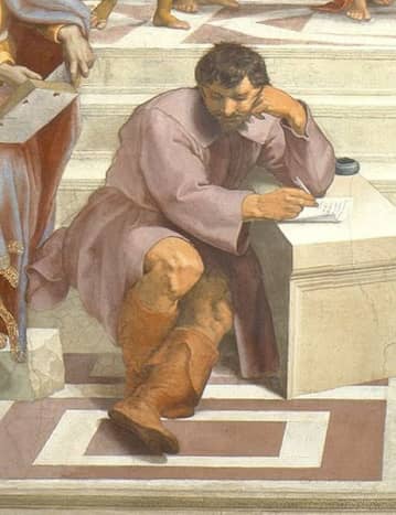 Raphael, School of Athens (1511), Vatican Apartments. Rapahel had seen the frescoes on the Sistine Chapel ceiling while he was working at the pope's apartments. He was so impressed that added the portrait of Michelangelo (as Heraclitus) to his work