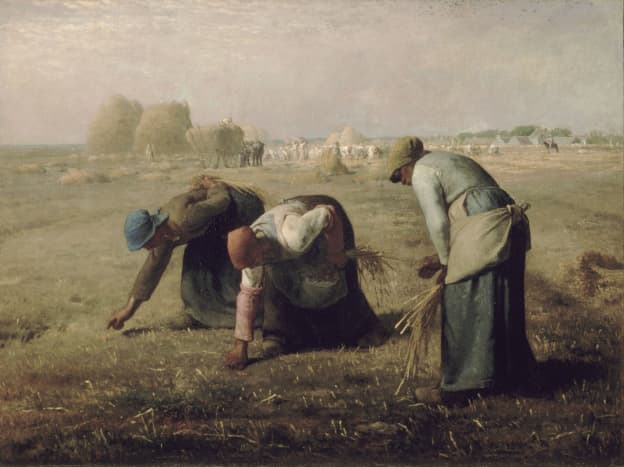 Jean-Fran&ccedil;ois Millet - Gleaners, 1857. This is a realist painting. You may want to compare it with modern art.