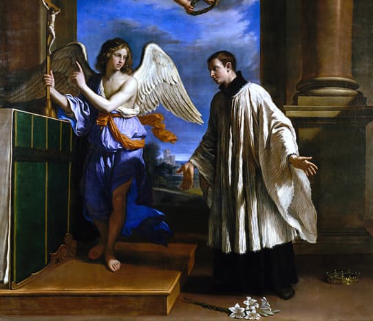 This is a detail of a painting by Guercino, titled the Vocation of St. Aloysius. St. Aloysius is shown renouncing the crown for the Cross.