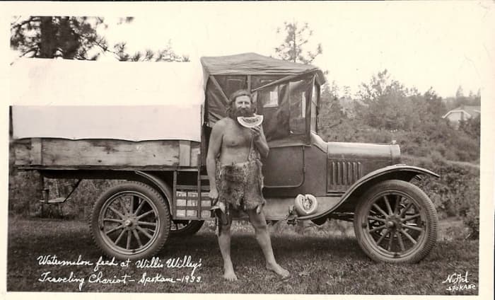 In this 1933 photo, Willis Ray &quot;Willie&quot; Willey is wearing a pair of animal skin shorts he made - in place of his usual khaki shorts.