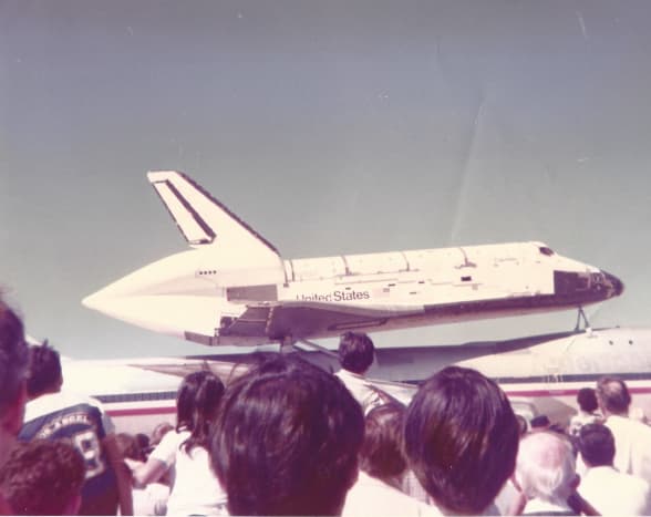 The Space Shuttle Columbia attached to a Boeing 747 at Kelly AFB, March 22, 1979.