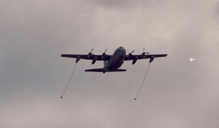 A KC-130 with refueling drogues.  Over Washington, DC June 1991.