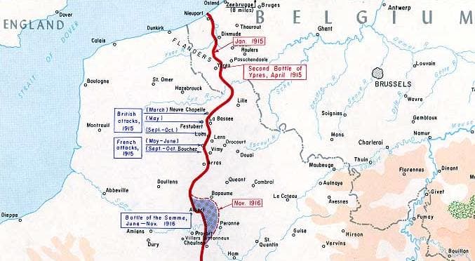 A map of the Western Front in 1915/1916.
