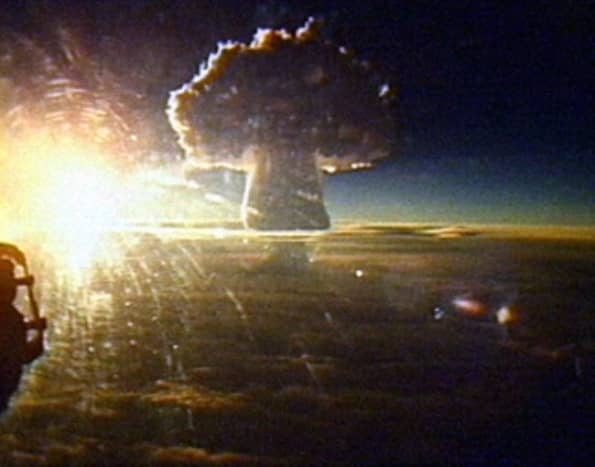 Tsar Bomba. Notice the size of the mushroom cloud as it rises into the Earth's atmosphere.