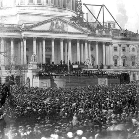 Lincoln's inauguration address, March 6, 1861. Photo taken in front of an incomplete capital building.