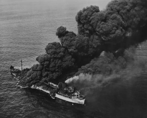WW2: The U.S. oiler SS Pennsylvania Sun torpedoed by the German submarine U-571 on 15 July 1942, about 200 km west of Key West, Florida (USA). Pennsylvania Sun was saved and returned to service in 1943.