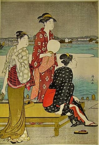 Women of the middle Edo Period wearing stylish wide obi. Print by Kiyonaga