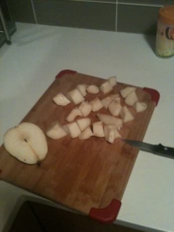 A pear cored and chopped.