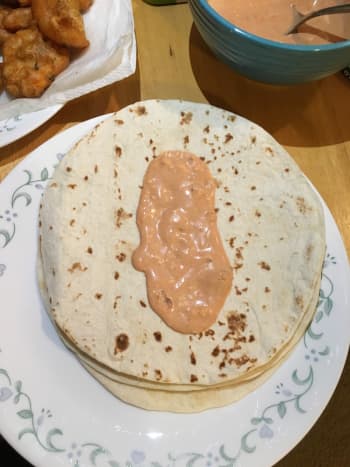 The chipotle mayo has such a nice pink color. You can smell the spices and heat when you spread it on the tortilla.