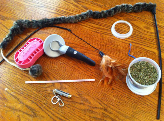 Various toys used to entertain cats.