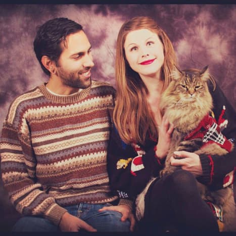 Every awkward family begins with an awkward couple.  The interesting sweaters and the cat are a double bonus!