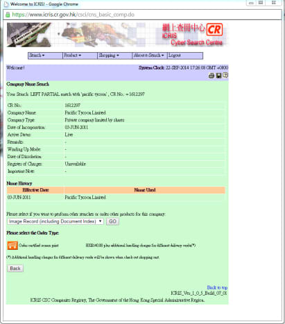 Search results for a business registration for Pacific Tycoon on the Hong Kong government website.