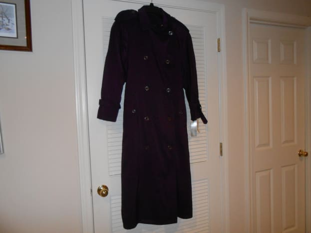 Jones of New York women's purple rain coat. This was at Goodwill, new with original tags still on it, the original price was $179.95. Price at Goodwill was $13.96 and on a discount day I paid $10.48!