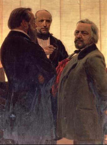 Portrait by Ilya Repin of composer and musician, Balakirev with Odoyevsky and Glinka (left to right)
