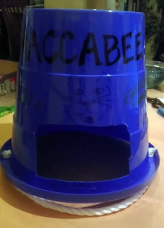 A completed Maccabee helmet, complete with a fierce lion on the front.