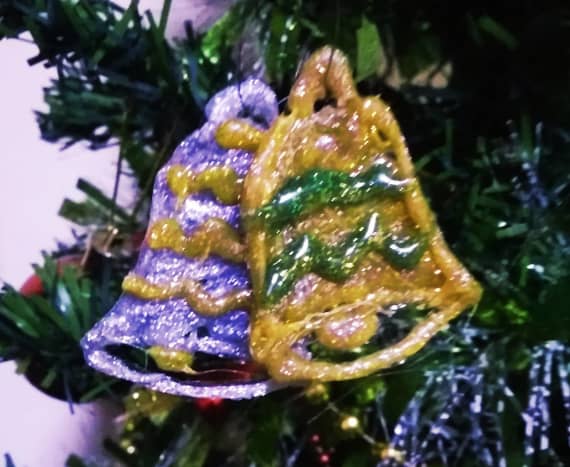 Christmas bell tree ornament made with glittered glue stick.