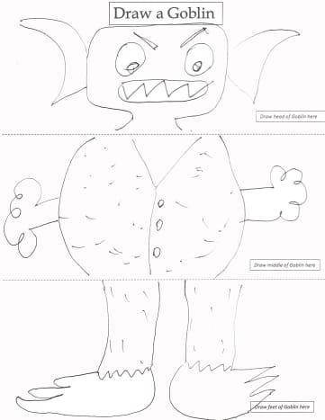 Here is a sample showing how a goblin might look after every participant has had a turn. To print a copy of the drawing template, click on the orange &quot;drawing sheet&quot; link.