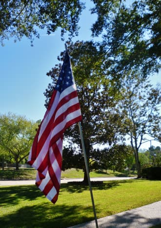 U.S. flags on poles in front yards