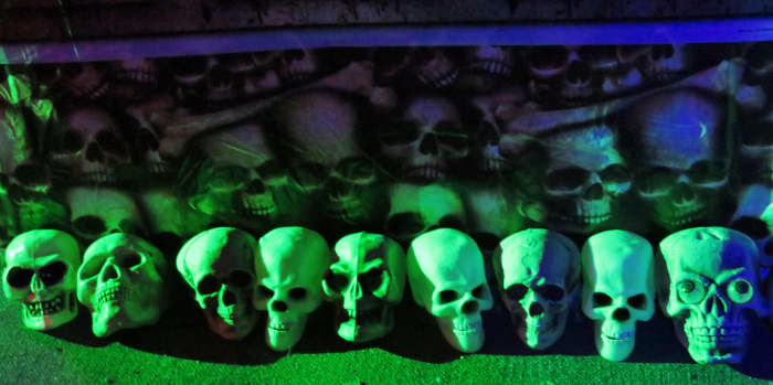 There are lots of skulls at the haunted house exhibit in the National Museum of Funeral History.