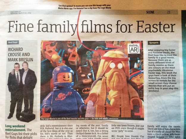 This Metro newspaper contains a photo and a description of The Lego Movie.