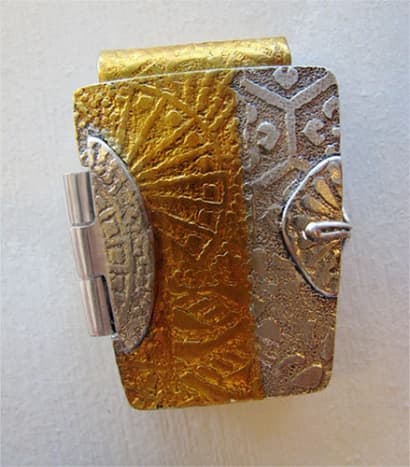 Fine silver and 24k gold foil box locket pendant, textured with tear-away textures.