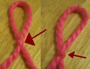 See the knot under the loop on the right? That is the working side. This is the side of the loop you will put the crochet hook through.