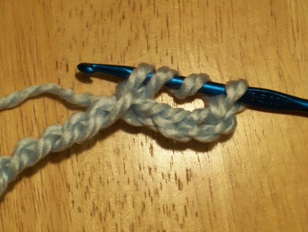 Treble Crochet: Yarn over twice, insert hook into fifth chain from hook.