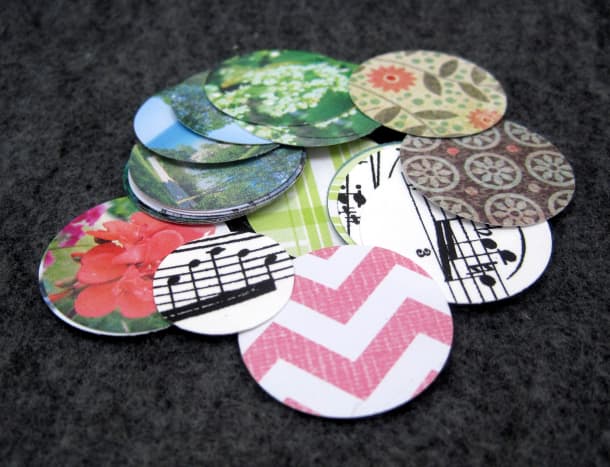 Small floral stone circles and larger circles ready to go.  I have a mix of scrapbook paper, sheet music printed on card stock, and photos printed on card stock.