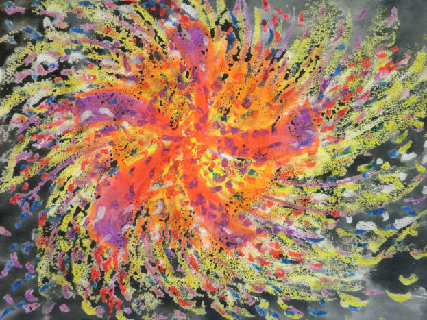 Fireworks colored with oil pastel then painted with watercolor. Step-by-step instructions.