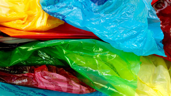 Save all of your brightly colored plastic bags for recycled craft projects.