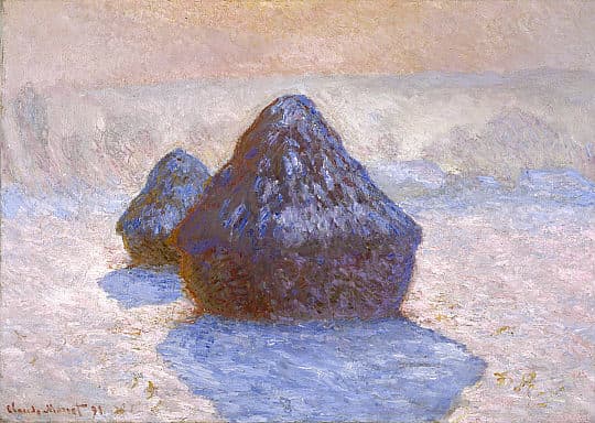 The Haystack Series by Monet shows clearly how the light direction and color affect the subject. Haystacks: Snow Effect (1891) by Claude Monet