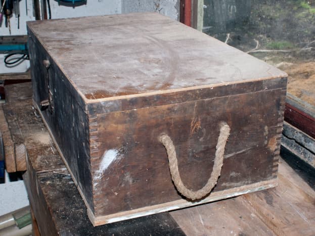 The original wooden tool chest before conversion to a sewing box