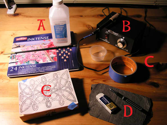 Tools: A. pencils, brush, rubbing alcohol B. Colwood Detailer C. blue tape, container for alcohol D. carbon paper, dried-out rollerball pen, eraser E. box and tracing paper. 